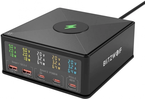 Polnilna postaja BLITZWOLF 160 W, 3× USB‑C, 2× USB‑A z brezžičnim polnjenjem