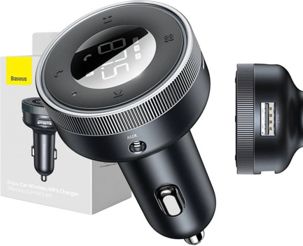 Baseus Enjoy FM oddajnik in polnilec za avto z Bluetooth 5.0, microSD in AUX (črna)