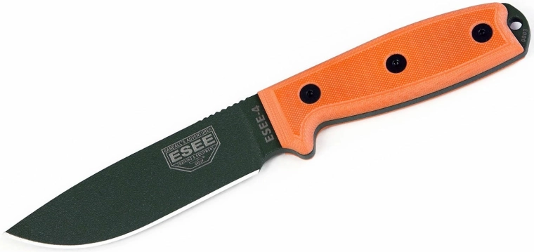 ESEE 4P OD univerzalni nož 11,4 cm, črna površina, oranžen ročaj G10, plastično ohišje