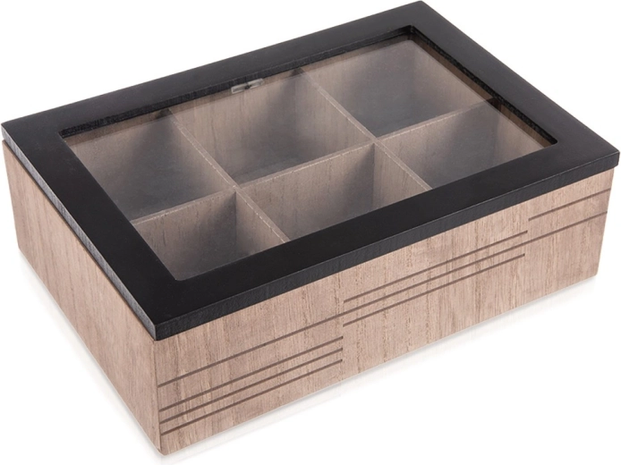 Lesena škatla za čaj LINE, 6 predalčkov, 24 × 16,5 × 7,5 cm