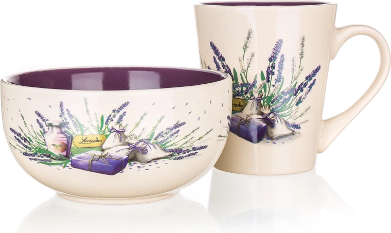 Keramični zajtrkovni set Lavender – skodelica 360 ml in skleda 540 ml
