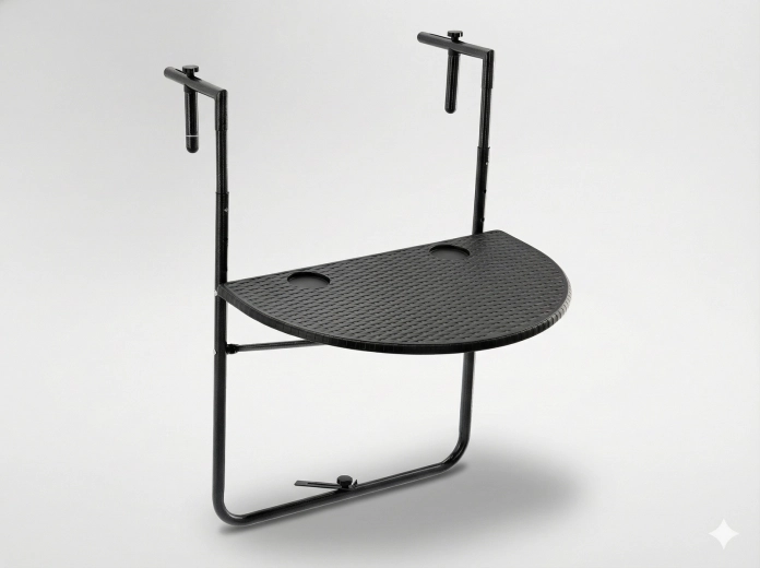 Viseča zložljiva balkonska miza, polkrožna, v črnem ratan videzu