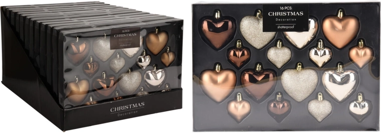 Christmas hanging heart-shaped ornaments, gold and brown, 16 pieces