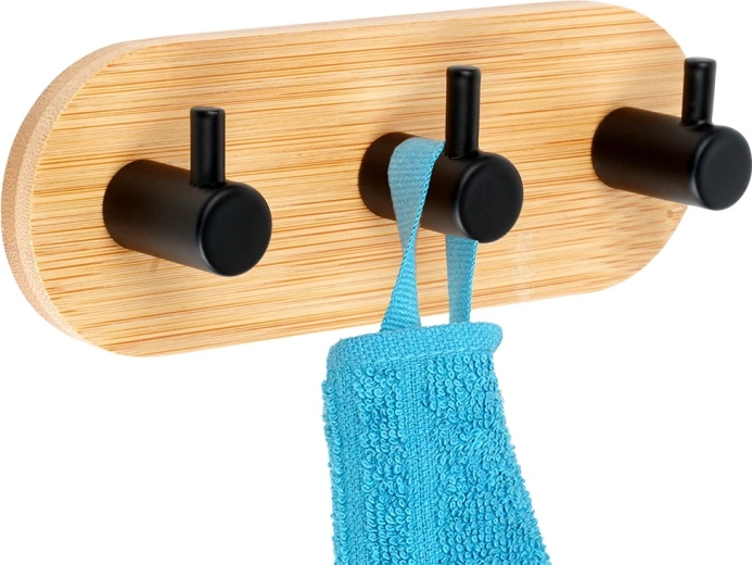 Samolepilni stenski bambusov obešalnik s 3 kovinskimi kljukami, črn 14 × 3,5 × 5 cm
