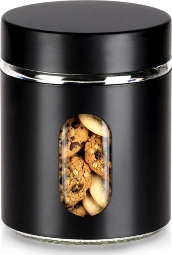 Steklena posoda za razsute živila s črnim navojnim pokrovom 650 ml