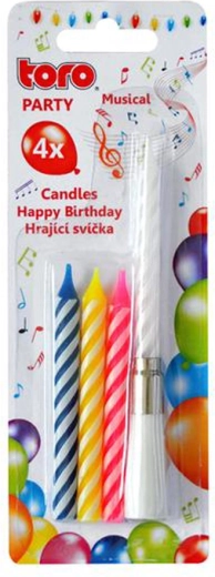 Pevkajoča rojstnodnevna svečka s podstavkom TORO Happy Birthday – komplet 4 svečk