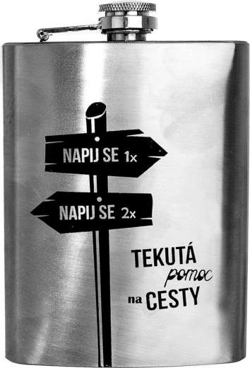 Nerjaveča žepna ploščata steklenička »Tekoča pomoč na poti« 240 ml