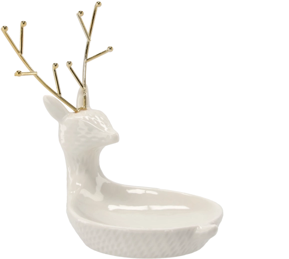 Keramično stojalo za nakit v obliki jelena, belo z zlatimi detajli