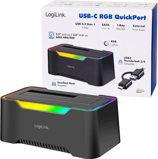 LogiLink priklopna postaja USB‑C 3.2 Gen 1 za 2,5"/3,5" SATA HDD/SSD z RGB