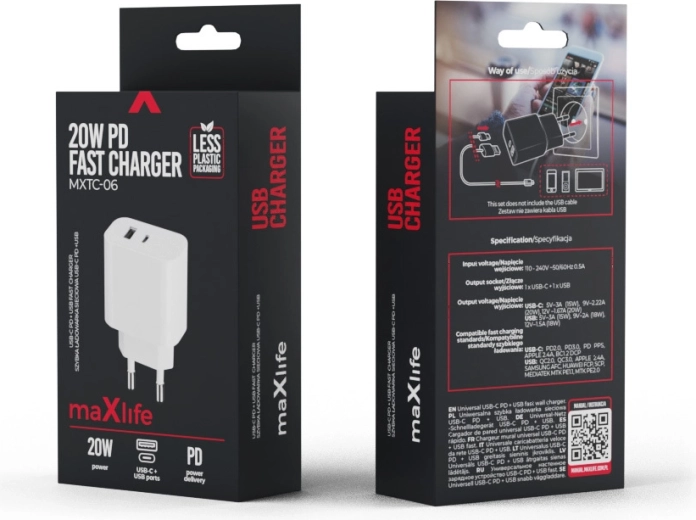 Maxlife polnilec PD/QC 20 W, 1× USB‑C + 1× USB, bel