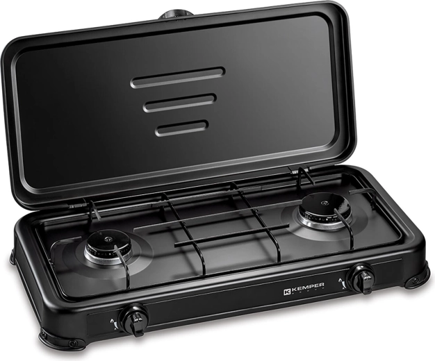 Two-burner LPG stove with lid, black