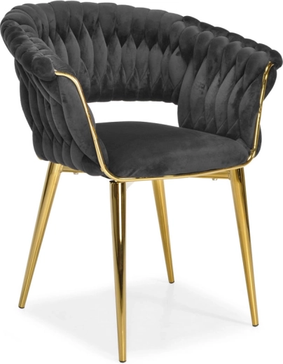 Oblazinjeni žametni stol za jedilnico in dnevno sobo, črn z zlatimi nogami in pletenim naslonjalom