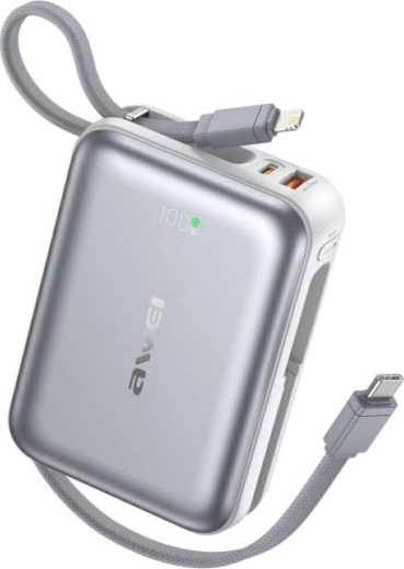 Powerbank AWEI 20000 mAh s hitrim polnjenjem 45 W, USB‑A/USB‑C, vgrajena kabla Lightning in USB‑C, srebrna