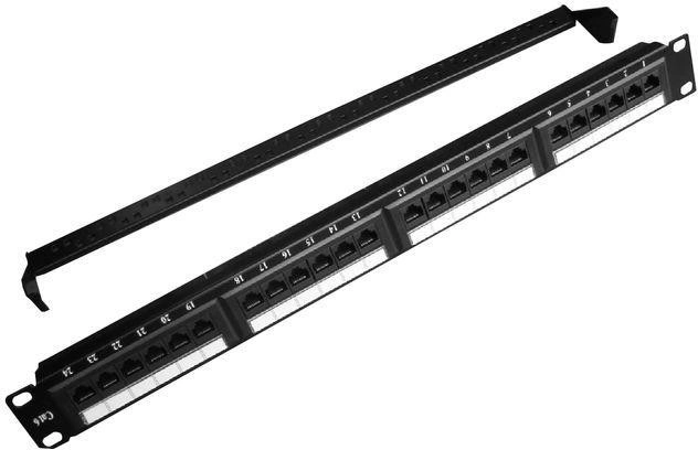 Patch panel 24 pristanišč 1U 19'' Cat.6 z organizacijo kablov, črn