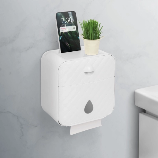 Wall-Mounted Toilet Paper Dispenser with Shelf, White
