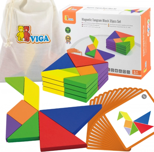 Leseni tangram VIGA s karticami – izobraževalna sestavljanka iz lesa FSC