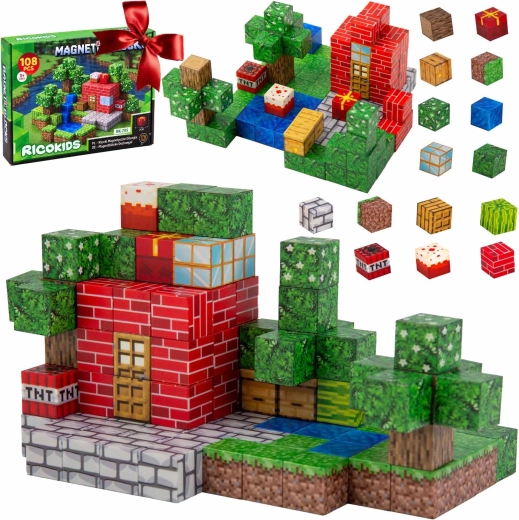 Ricokids Magnetic Building Blocks with Pixel Designs - 108 pcs