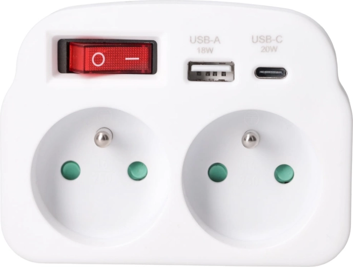 Solight vtični razdelilnik z 2 vtičnicama, hitrim polnjenjem USB-A in USB-C 20 W PD, bel