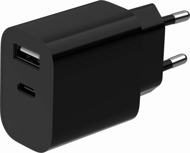 Univerzalni omrežni polnilnik USB z 2 priključkoma (USB‑A + USB‑C), 2,4 A, črn