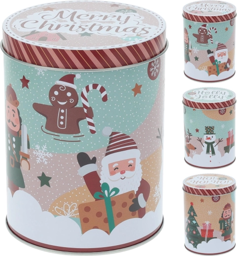 Božična okrogla pločevinasta škatla 10,5 × 14 cm – mešanica motivov