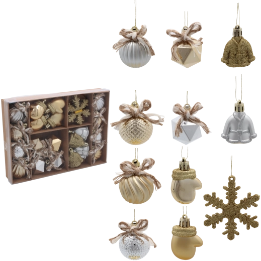 Set 24 božičnih okraskov mix srebrna in šampanjska Chomik
