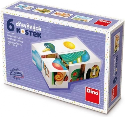 Lesene slikovne kocke za otroke – raca, pes, drevo (6 kock)