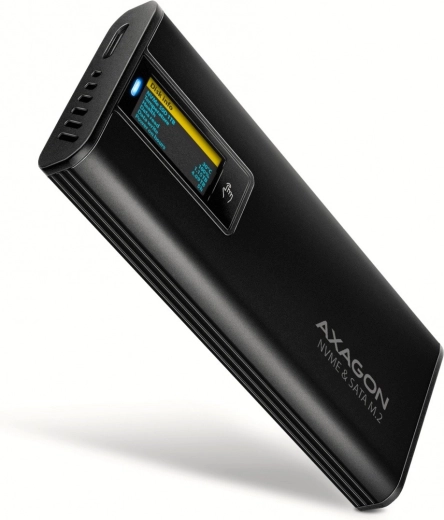 Axagon EEM2-SD2B zunanji aluminijasti ohišje za M.2 NVMe/SATA, USB‑C 3.2 Gen 2, LED zaslon, črno