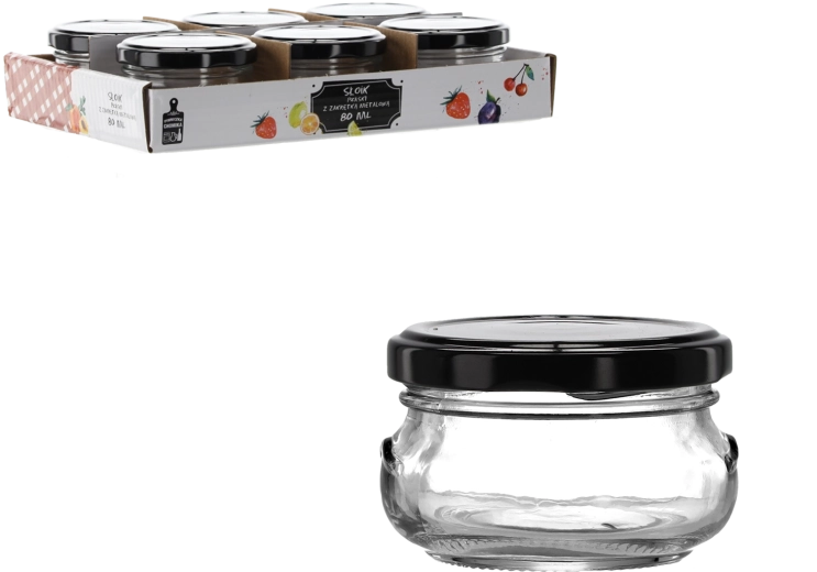 Steklen kozarec 80 ml s plosko obliko in črnim kovinskim pokrovčkom