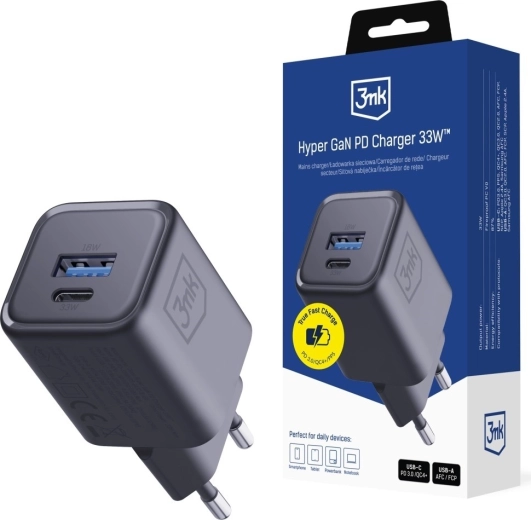 3MK Hyper Charger PD 33W GaN omrežni polnilnik USB-A in USB-C črn