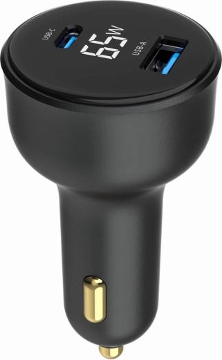 Hiter avtomobilski polnilec 2× USB‑A + USB‑C PD z LCD, 65 W, črna