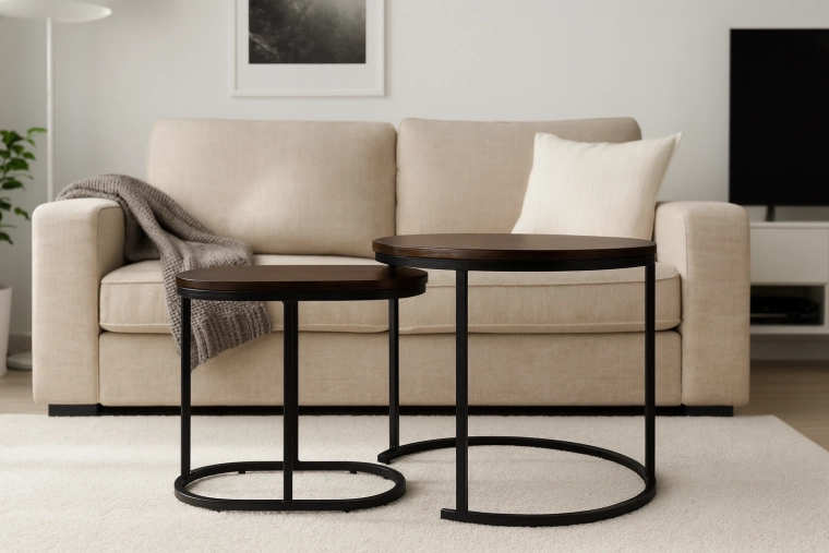 Komplet klubsčnih miz okrogla in ovalna, rjav lesni dekor