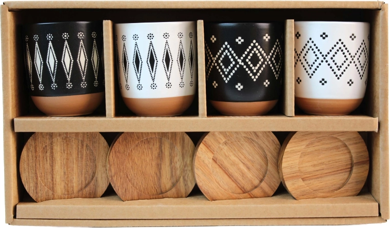 Set skodelic Kitchisimo 4 kosi 140 ml z lesenim pladnjem