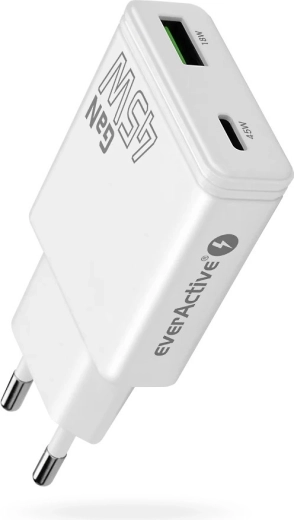 Polnilnik everActive GaN super tanek 45 W z USB‑C PD in USB‑A QC 3.0