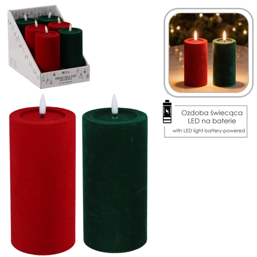 LED candle with flickering flame, red-green velvet 7.5 × 18.5 cm - 1 piece
