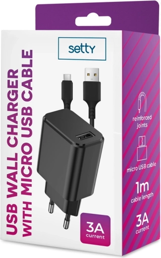 Omrežni polnilec SETTY 1x USB 3A črn + microUSB kabel 1 m