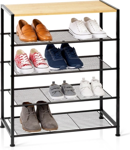 Vilde metal shoe rack, black, with 5 shelves and a bamboo top 60 × 30 × 74 cm
