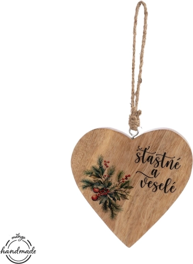 Viseče srce iz mangovega lesa »Srečno in veselo« – 1 kos