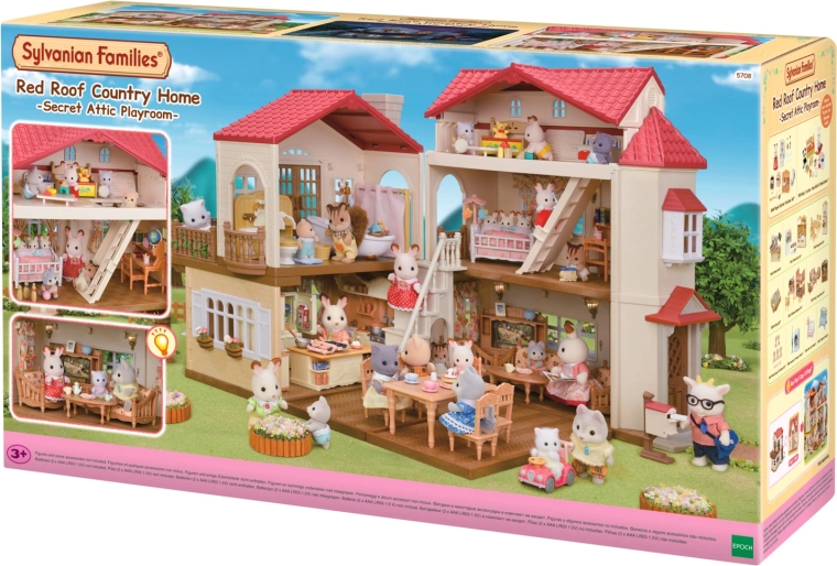 Sylvanian Families nadstropna hiša z rdečo streho in lučmi