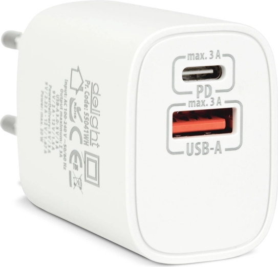 Omrežni USB-polnilnik z USB-C PD 20 W, bel