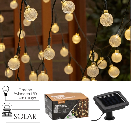 Solarni vrtni svetlobni niz BUBBLE 100 LED, toplo bela, 11,9 m