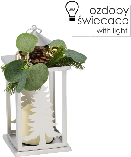 Božični kovinski lampijon z drevesci in LED svečko, srebrn