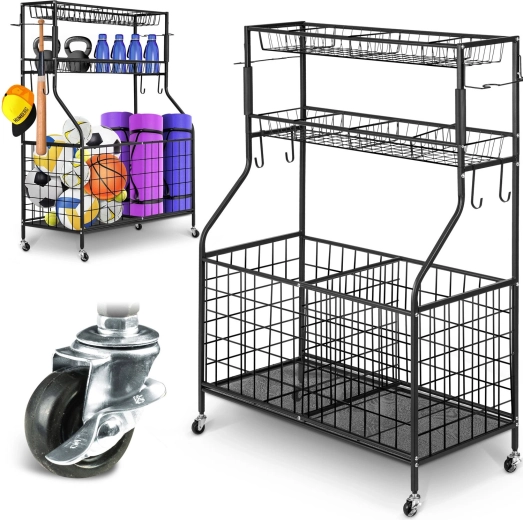 Humberg metal rolling storage rack with baskets and hooks 123.5 × 41.5 × 91 cm