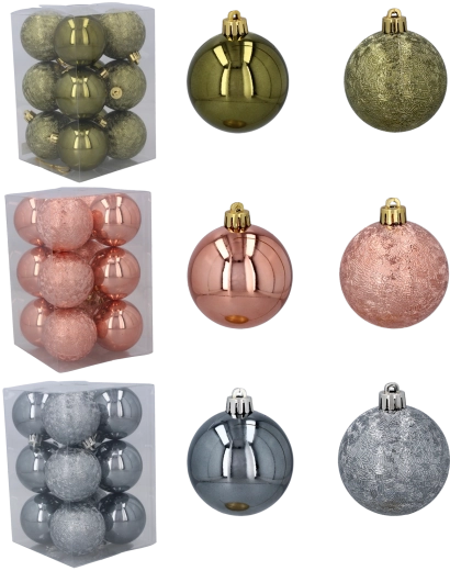 Set plastičnih božičnih okraskov 6 cm – olivna, bakrena in grafitna, 12 kos