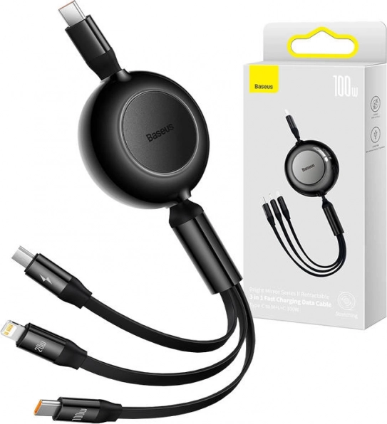 Baseus Bright Mirror 4 izvlečni 3-v-1 kabel USB-C / Lightning / Micro USB 100 W, 1,1 m, črn