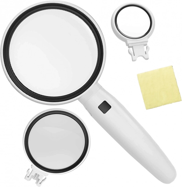ročna lupa z LED osvetlitvijo in zamenljivimi lečami 3,5x/5x/11x