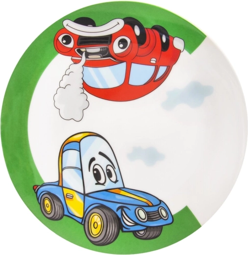 Otroški plitek porcelanast krožnik z motivom avtomobila 21 cm