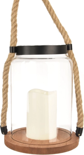Rjav stekleno-leseni LED svečnik (lanterna) 23 cm