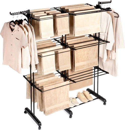 Kovinsko zložljivo stojalo za sušenje perila XXL, črno, 3 ravni, teleskopsko 75–135 × 66 × 180 cm