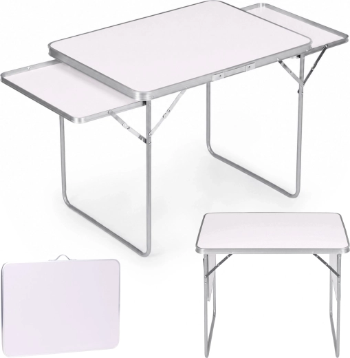 Multigarden zložljiva kamping miza 120 × 60 cm z 2 stranskima policama, bela