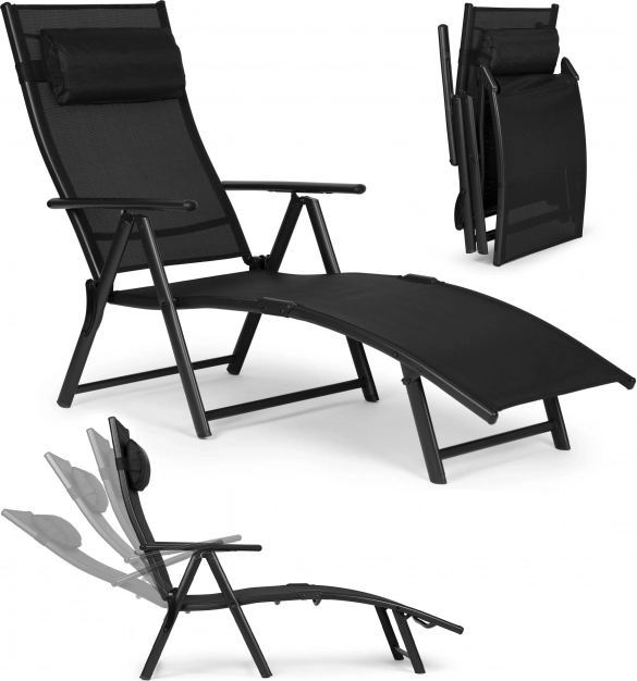 Zložljiv vrtni in plažni ležalnik z nastavljivim naslonjalom, jeklen okvir, črn MULTIGARDEN